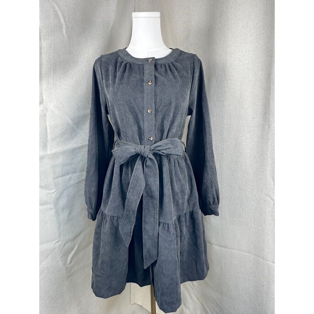 Simply Southern Gray Corduroy Belted Tiered Dress S
